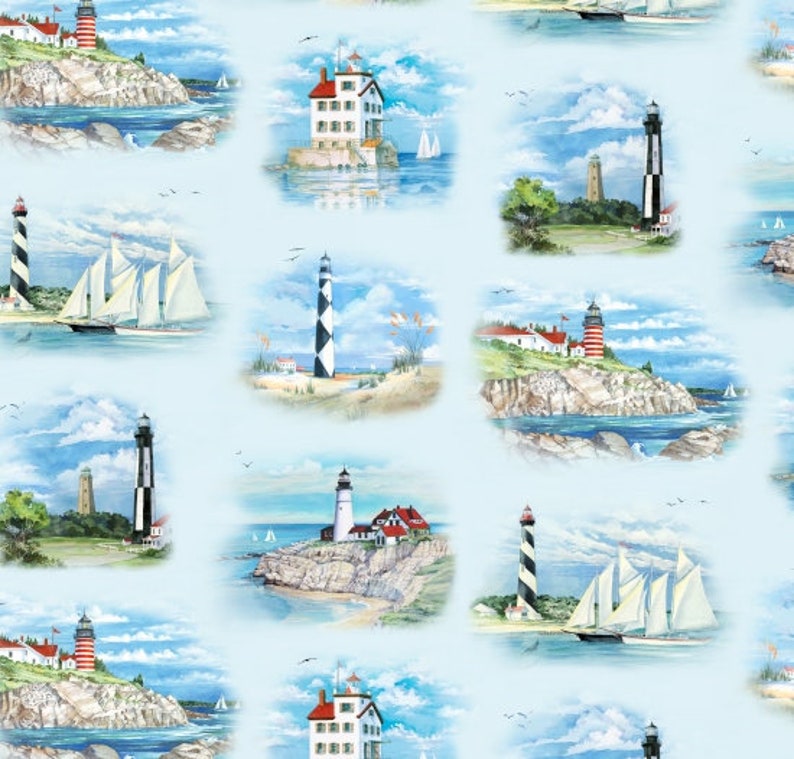 May include: A seamless pattern featuring lighthouses, sailboats, and seascapes. The lighthouses are painted in red, white, and black with a blue sky and water background.