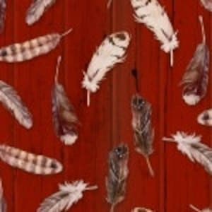 May include: A seamless pattern featuring brown and white feathers on a red wooden background.