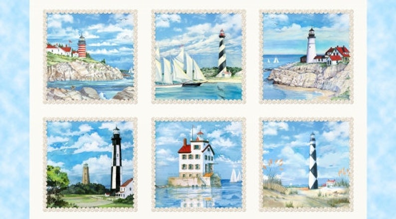 May include: A collage of six images featuring lighthouses in various coastal settings. Each image is framed with a white border and features a blue sky with white clouds. The lighthouses are painted in white and red with black stripes. Some images feature sailboats and rocky coastlines.