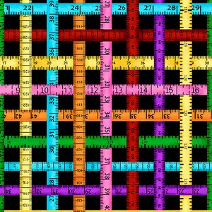 May include: A black background with a pattern of colorful measuring tapes. The tapes are arranged in a grid pattern, with each tape measuring in inches. The tapes are in various colors, including red, orange, yellow, green, blue, and purple.