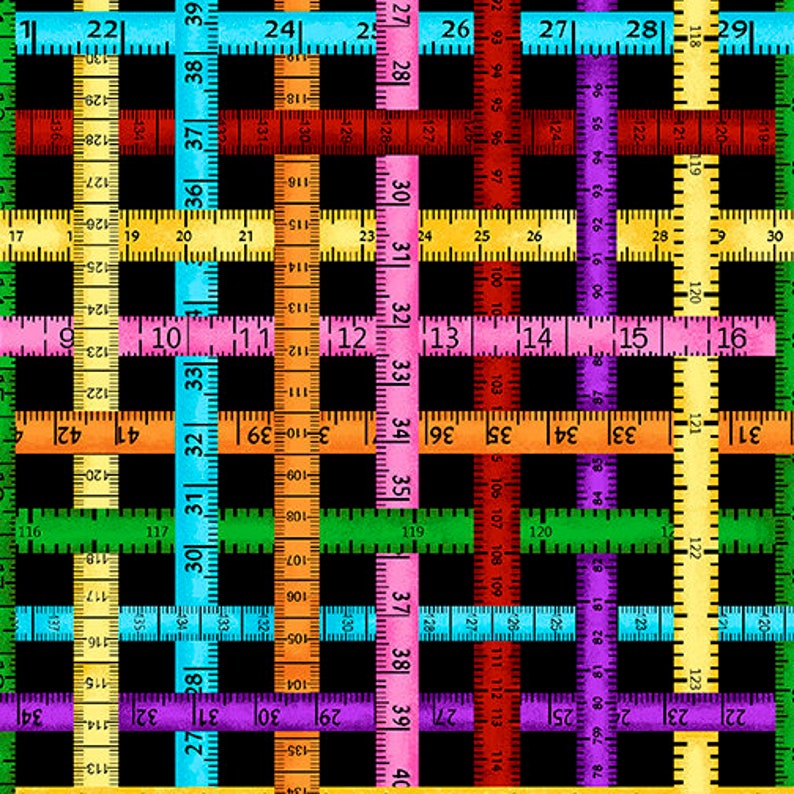 May include: A black background with a pattern of colorful measuring tapes. The tapes are arranged in a grid pattern, with each tape measuring in inches. The tapes are in various colors, including red, orange, yellow, green, blue, and purple.