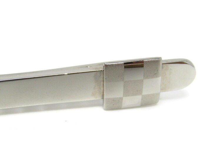 Checkered Accent Sleek Tie Clip Bar Silver Tone Vintage Men's Jewelry Nice Design