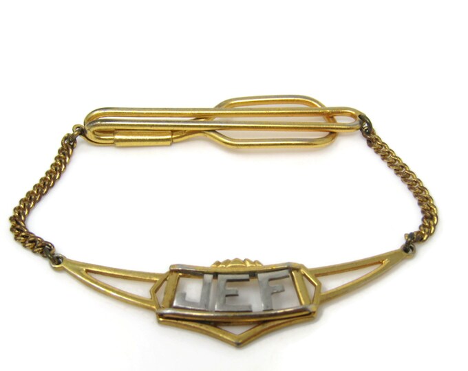 JEF Letters Initials Chain Tie Clip Bar Gold Tone Vintage Men's Jewelry Nice Design