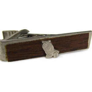 Vintage Tie Bar Tie Clip: Praying Hands Religious Wood Background
