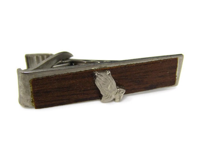 Vintage Tie Bar Tie Clip: Praying Hands Religious Wood Background