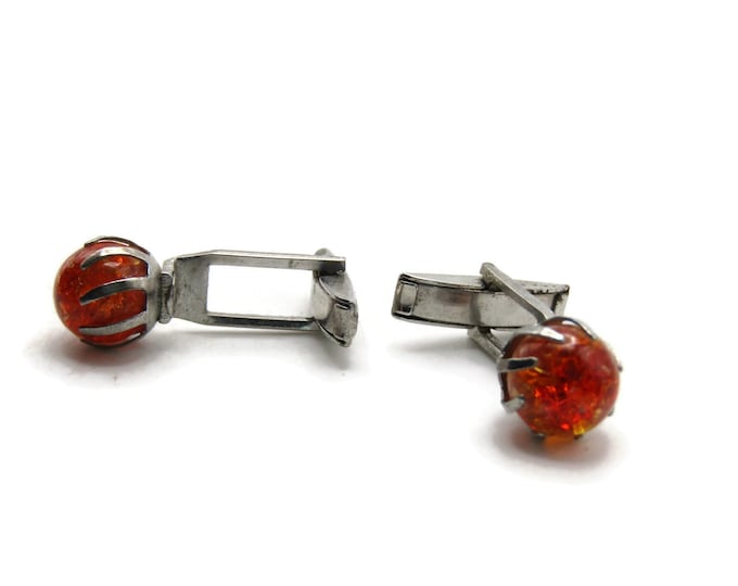 Round Orange Stone Cuff Links Men's Jewelry Silver Tone