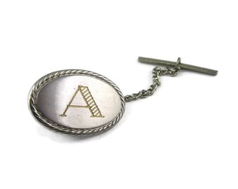 Vintage Tie Bar Clip: Letter A Silver Tone Oval Gold Tone Lettering