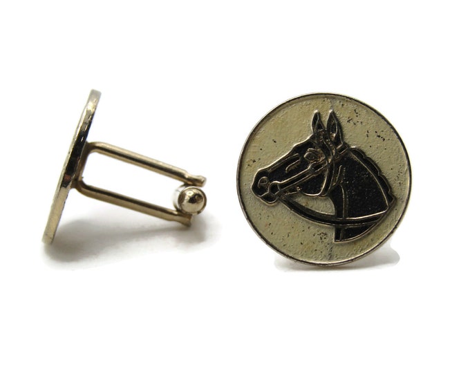 Horse Head Round Cuff Links Men's Jewelry Black And Gold Tone