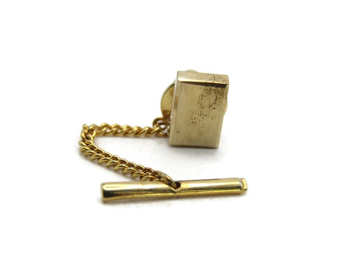Textured Rectangle Tie Lapel Pin & Chain Gold Tone Men's Jewelry
