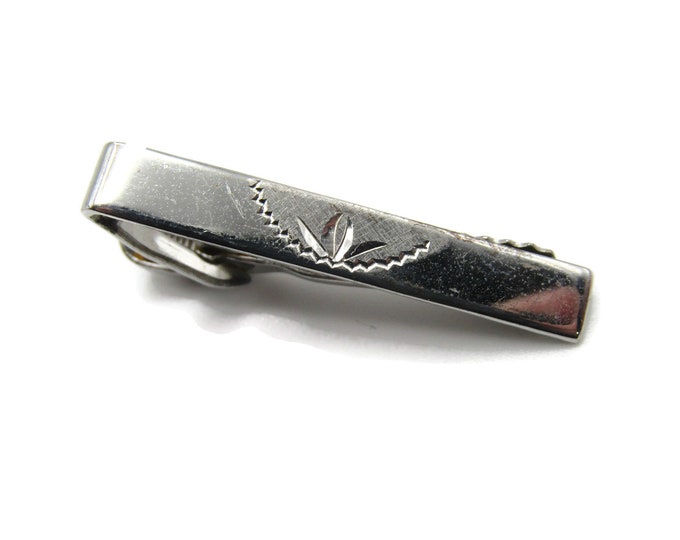 Etched Floral Design Retro Modernist Silver Tone Tie Bar Tie Clip Men's Jewelry