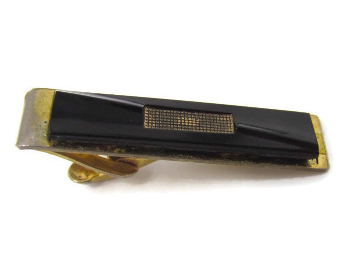 Black Glass Tie Clip Vintage Tie Bar: Interesting Design Dot Texture Center