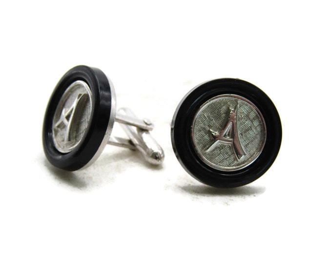 A Letter Initial Monogram Black Circle Cuff Links Silver Tone Men's Jewelry