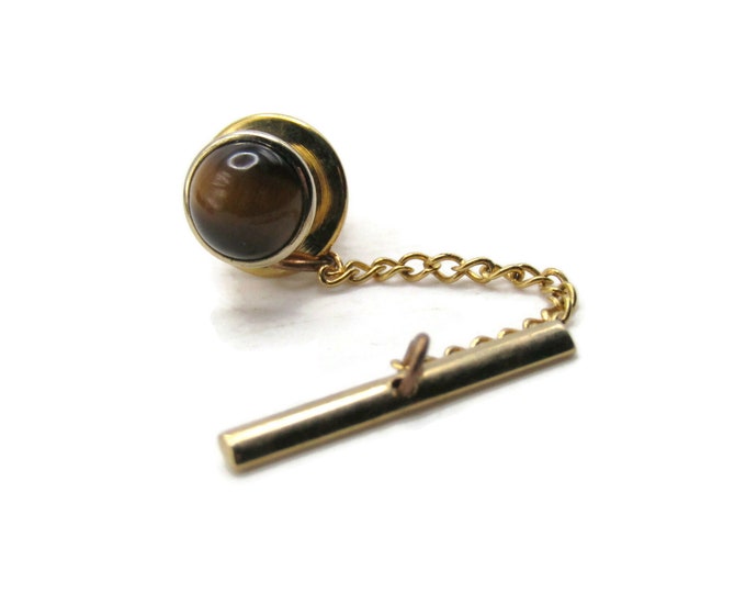 Round Brown Stone Tie Pin And Chain Men's Jewelry Gold Tone