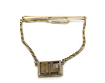 Vintage Art Deco Gold Tone Tie Clip with Chain - 'AL' Initial
