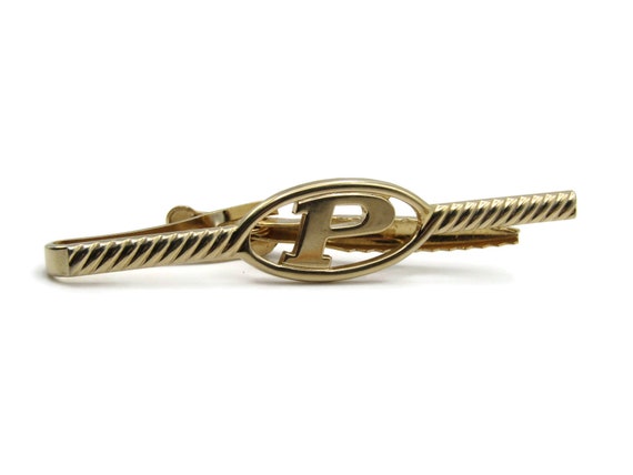 Vintage Gold Tone Tie Clip: Initial P Monogram, D… - image 1