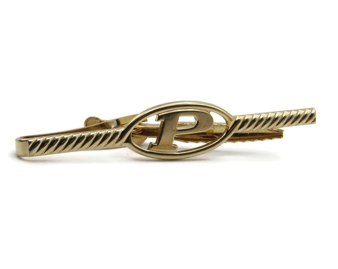 P Initial Letter Monogram Oval Diagonal Lines Gold Tone Tie Clip Tie Bar Men's Jewelry