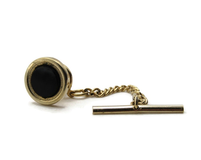 Round Black Stone Inlay Tie Pin And Chain Men's Jewelry Gold Tone