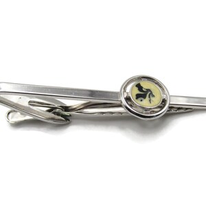 Cream & Black Stone Inlay Silver Tone Smooth Finish Tie Bar Tie Clip Men&#39;s Jewelry