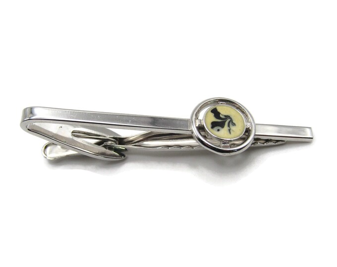 Cream & Black Stone Inlay Silver Tone Smooth Finish Tie Bar Tie Clip Men's Jewelry