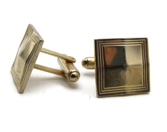 Waved Square And Line Design Cuff Links Men's Jewelry Gold Tone