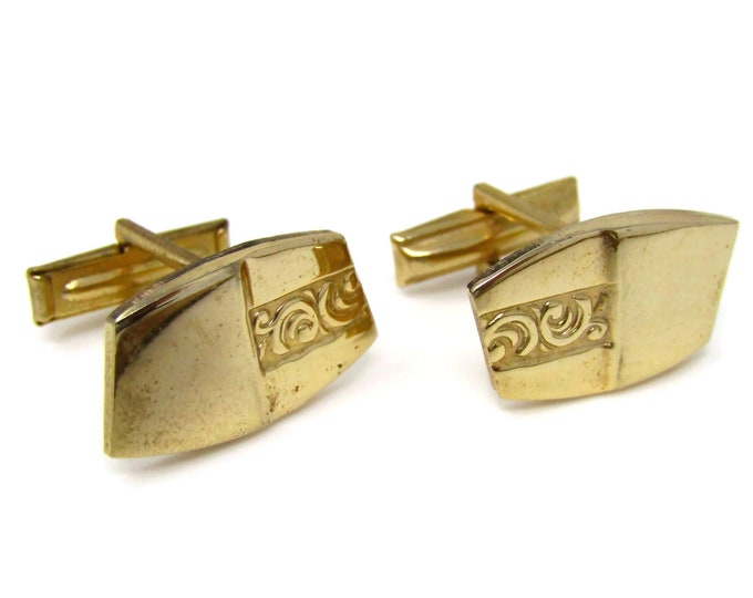 Vintage Cufflinks for Men: Swirl Design Gold Tone Art Deco Shape