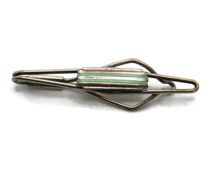 Green Stripe Open Body Tie Clip Men's Jewelry Tie Bar Silver Tone