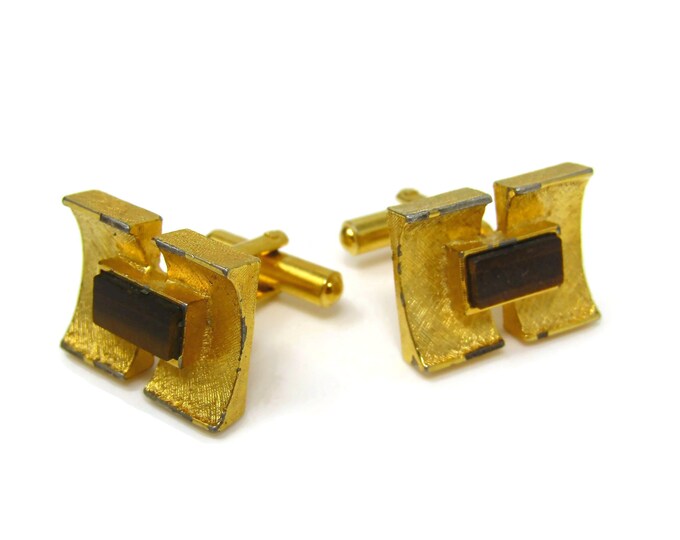 Tiger's Eye Cufflinks for Men Vintage Modernist Style Gold Tone Nice Design