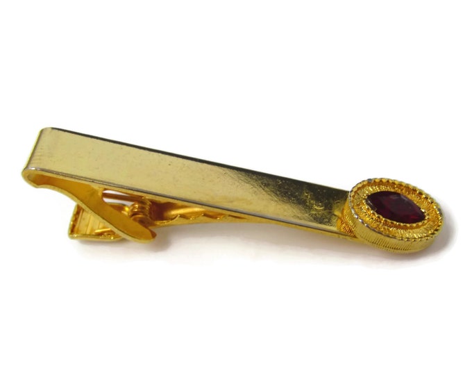 Vintage Tie Clip Tie Bar: Red Jewel Accent Gold Tone Design