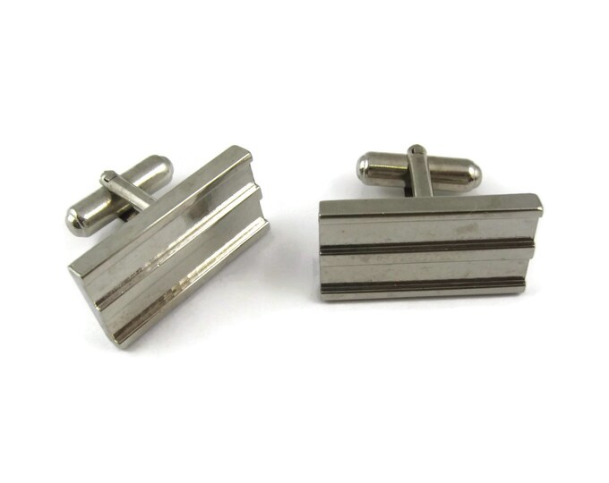 Vintage Cufflinks Pair Blanks Double Groove Rectangle Silver Tone Men's Jewelry Accessory