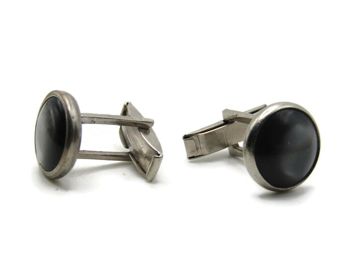 Grey Stone Round Cuff Links Men's Jewelry Silver Tone