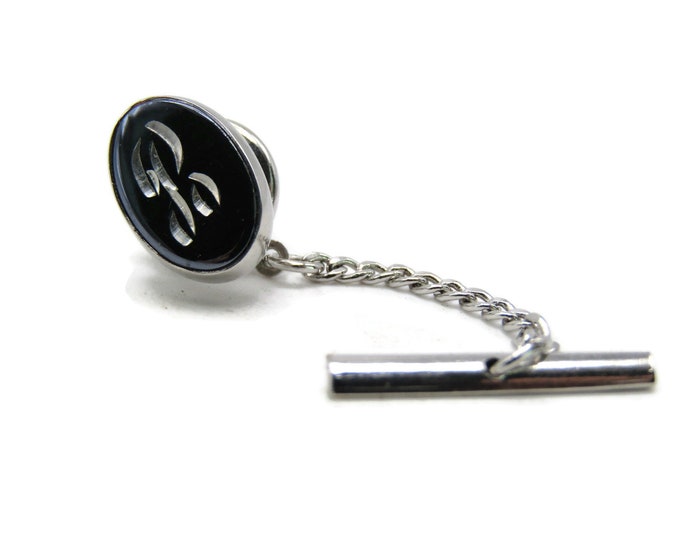 Black & Etched Stone Inlay Tie Lapel Pin Silver Tone Men's Jewelry