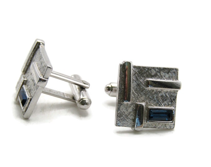 Blue Stone Inlay Abstract Design Square Cuff Links Men's Jewelry Silver Tone