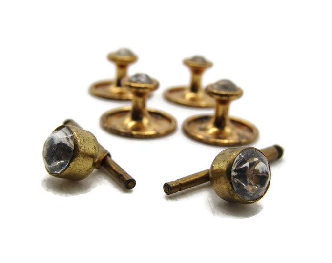 Rhinestone Inlay Cuff Links & Buttons Set of 6 Men's Jewelry Gold Tone