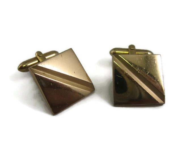 Diagonal Groove Center Gold Tone Square Vintage Men's Cufflinks Jewelry