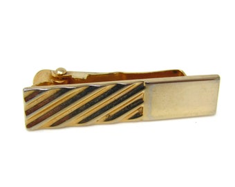 Vintage Gold Tone Tie Clip: Half Smooth, Half Diagonal Groove