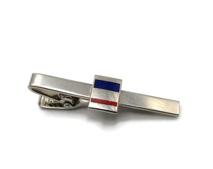 Blue Silver Red Center Rectangle Silver Tone Modernist Industrial Tie Bar Tie Clip Men's Jewelry