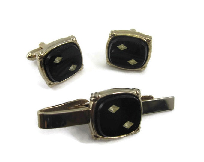 Double Clear Jewel Black Body Vintage Mens Jewelry Set Tie Bar Cufflinks