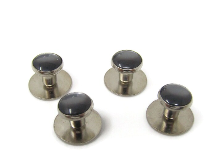 Four Black Center Vintage Shirt Stud Buttons Round Silver Tone Fixed Post - Stand Out from the Crowd with Class