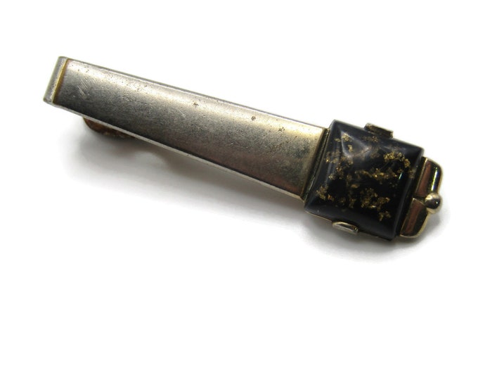Black & Gold Stone Inset Vintage Retro Industrial Silver Tone Tie Clip Tie Bar Men's Jewelry