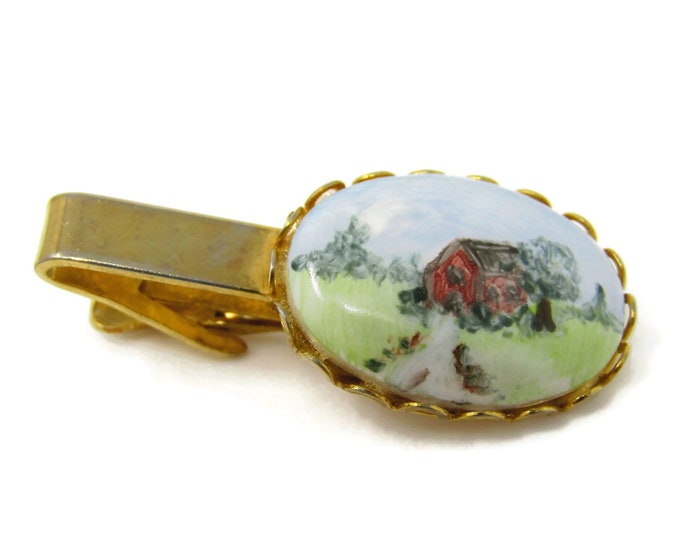 Painted Barn Farm Scene Tie Clip Men's Vintage Beautiful Gold Tone Nice Quality