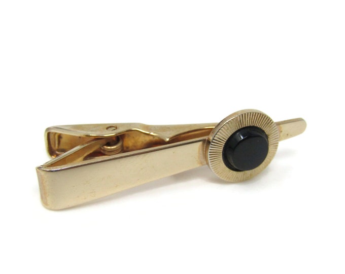 Black Accent Ridged Border Setting Tie Clip Bar Gold Tone Vintage Men's Jewelry Nice Design