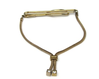 Vintage Gold Tone Tie Clip: Double Jewel Tassel Chain Tie Bar