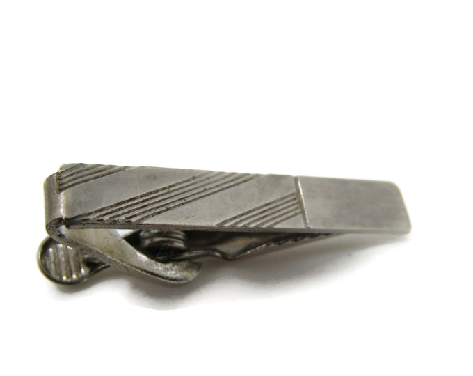 Diagonal Grooves Tie Bar Clip Vintage Silver Tone Stand Out w/ Style Fit In with Class