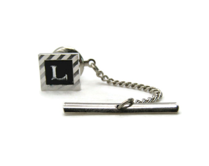 L Letter Initial Monogram Diagonal Etched Tie Pin And Chain Men's Jewelry Black And Silver Tone