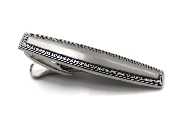 Vintage Silver Tone Tie Clip: Geometric Patterned… - image 1