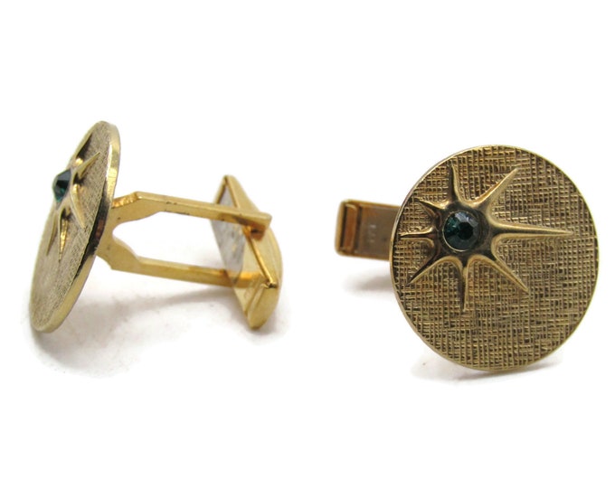 Round Textured Green Stone Starburst Cuff Links Men's Jewelry Gold Tone