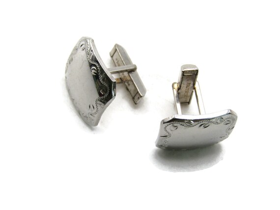 Rectangle Cuff Links Etched Edging Silver Tone Me… - image 2