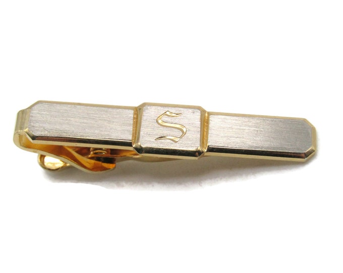 S Letter Initial Silver Tone Front Tie Clip Modernist Tie Bar Men's Jewelry Gold Tone