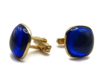 Rounded Edge Blue Stone Cuff Links Men's Jewelry Gold Tone