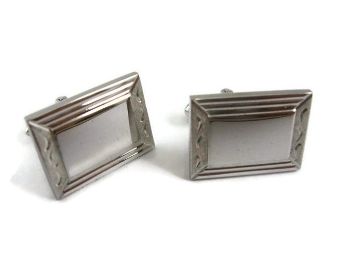 Vintage Cufflinks for Men: Silver Tone Rectangle Textured Ends Smooth Top & Bottom